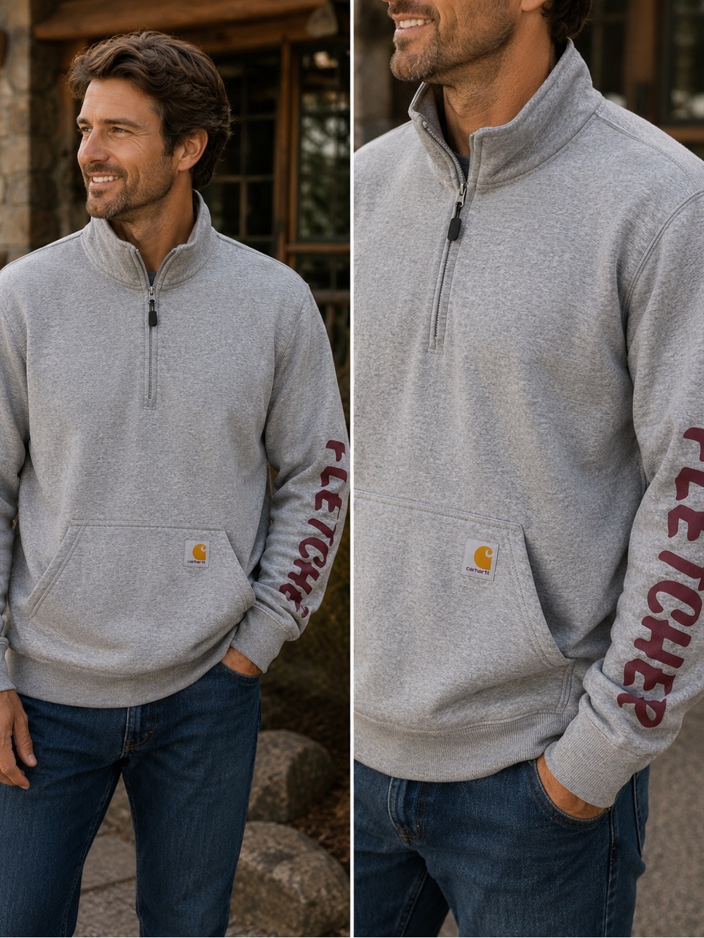 Carhartt Loose Fit Heather Gray Midweight Half Zip Sweatshirt Logo Sleeve | M
